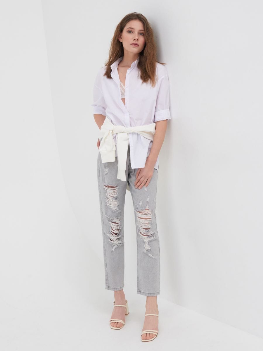 grey distressed mom jeans